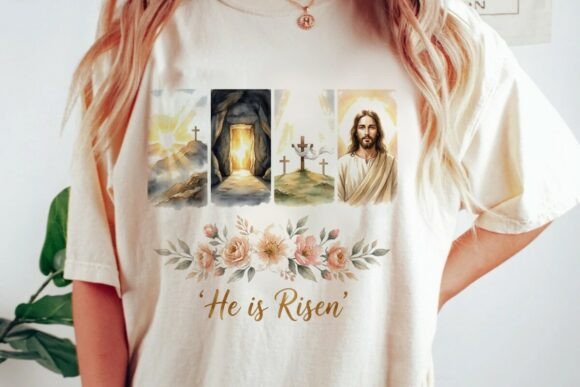 Jesus Risen Easter Story Watercolor PNG: T-Shirt Designs